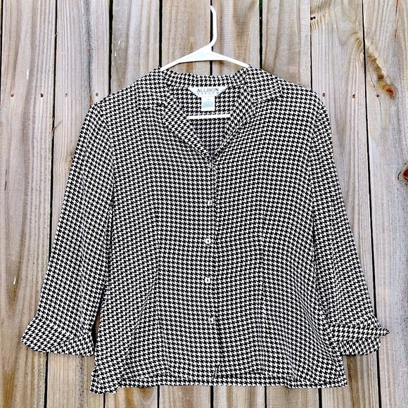 90s Y2K 100% silk top houndstooth Allison Taylor blouse black white size medium - Picture 3 of 11